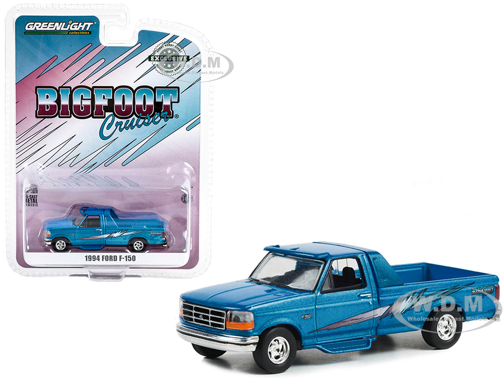 1994 Ford F-150 Pickup Truck Bigfoot Cruiser Blue Metallic with Graphics Hobby Exclusive Series 1/64 Diecast Model Car by Greenlight