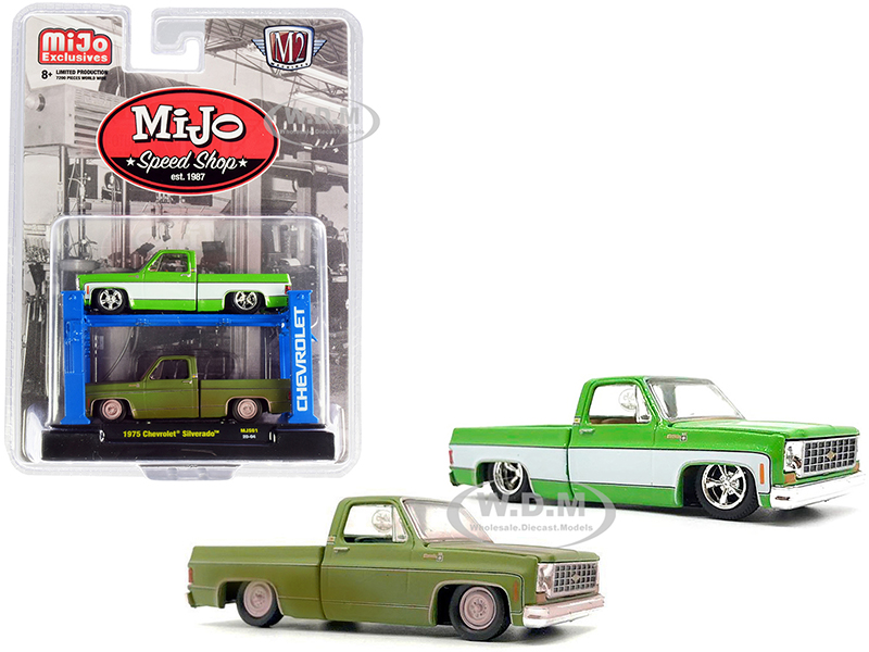 Image of 1975 Chevrolet Silverado Pickup Truck Bright Green with 1975 Chevrolet Silverado Pickup Truck Green (Dirty Version) Set of 2 pieces with Auto-Lift "M