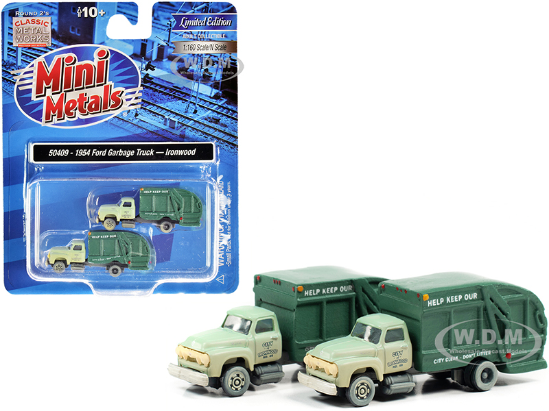 Image of 1957 Chevrolet Garbage Truck "Ironwood Sanitation" Light Green and Dark Green (Dirty) Set of 2 pieces 1/160 (N) Scale Models by Classic Metal Works