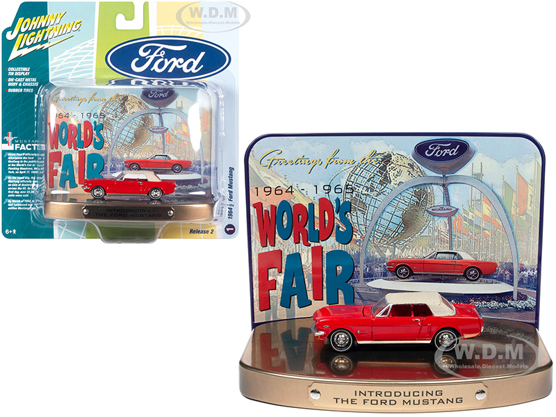 Image of 1964 1/2 Ford Mustang Rangoon Red with Red Interior with Collectible Tin Display "Introducing The Ford Mustang" "Greetings from Worlds Fair 1964-1965