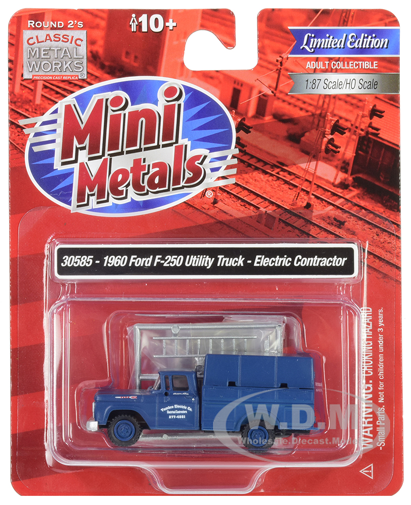 1960 Ford F-250 Utility Truck Electric Contractor Dark Blue 1/87 (HO) Scale Model by Classic Metal Works