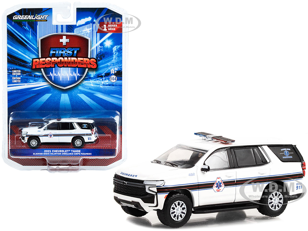 2021 Chevrolet Tahoe White with Stripes Blooming Grove Volunteer Ambulance Corps Paramedic Washingtonville New York First Responders Series 1 1/64 Diecast Model Car by Greenlight