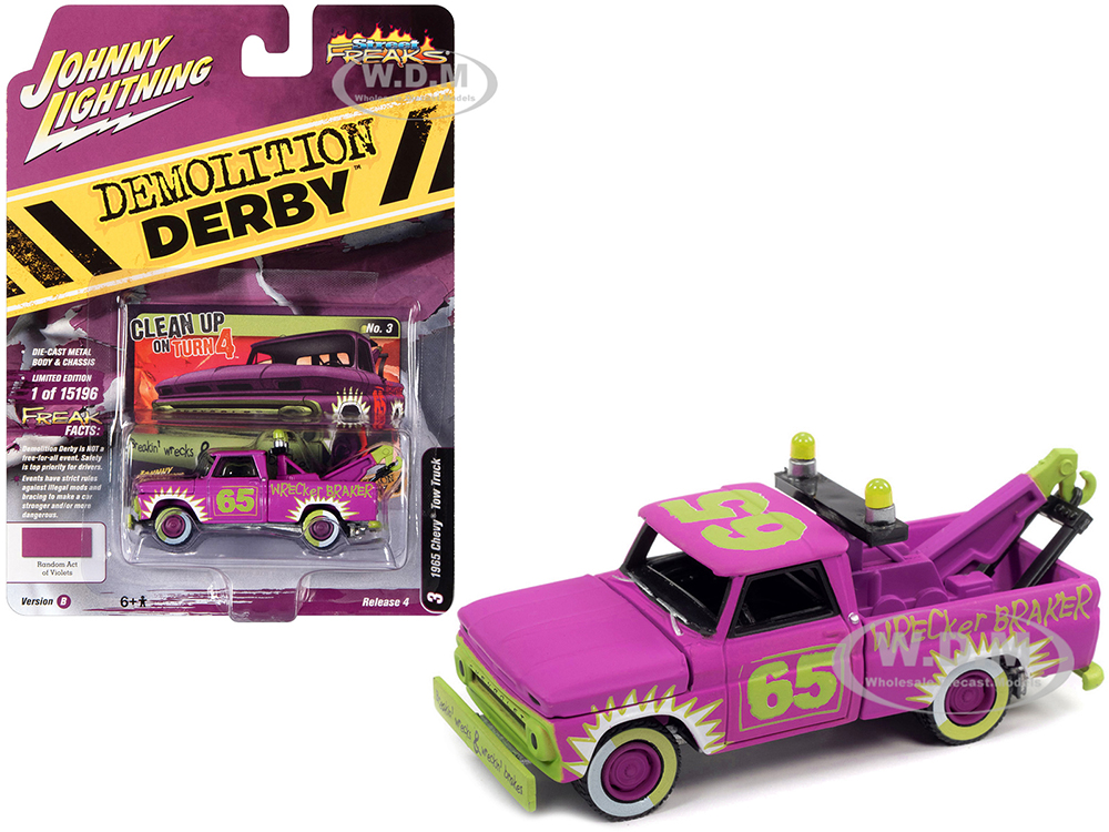 1965 Chevrolet Tow Truck #65 Random Acts of Violets Purple with Graphics Demolition Derby Street Freaks Series Limited Edition to 15196 pieces Worldwide 1/64 Diecast Model Car by Johnny Lightning