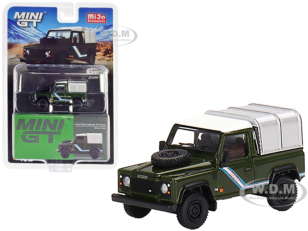 Land Rover Defender 90 Pickup Truck Bronze Green with White Top and Silver Camper Shell Limited Edition to 1200 pieces Worldwide 1/64 Diecast Model C