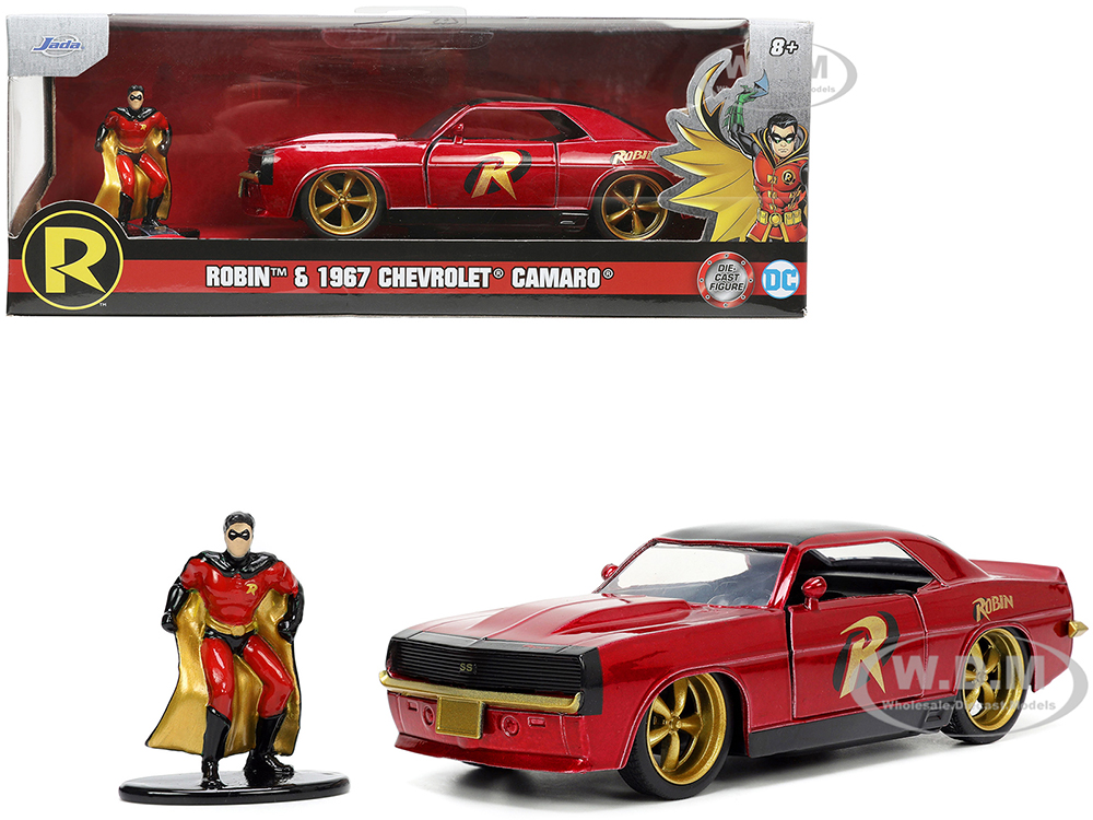 1969 Chevrolet Camaro Dark Red Metallic with Black Top and Robin Diecast Figure Batman Hollywood Rides Series 1/32 Diecast Model Car by Jada