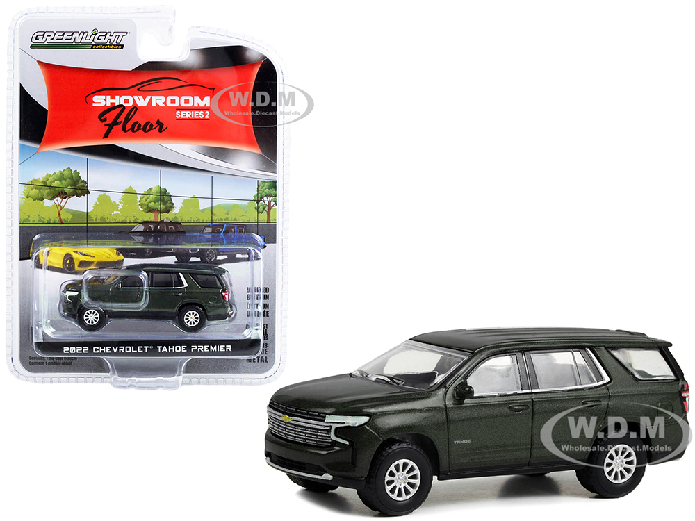 2022 Chevrolet Tahoe Premier Evergreen Gray Metallic Showroom Floor Series 2 1/64 Diecast Model Car by Greenlight