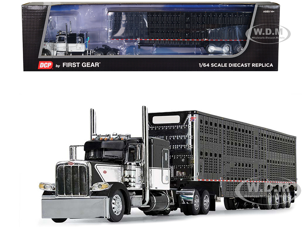 Peterbilt 389 with 63" Flat Top Sleeper and Wilson Silverstar Livestock Trailer Black and White 1/64 Diecast Model by DCP/First Gear