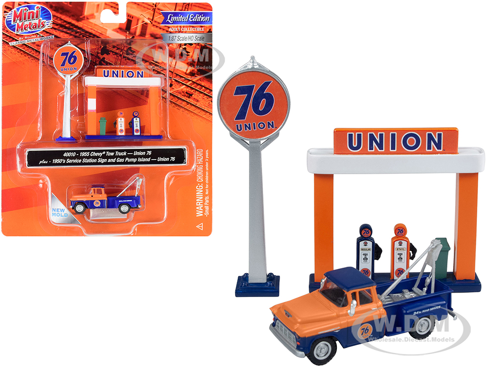 1955 Chevrolet Tow Truck Blue And Orange With 1950s Service Station Sign And Gas Pump Island "union 76" 1/87 (ho) Scale Model By Classic Metal Works