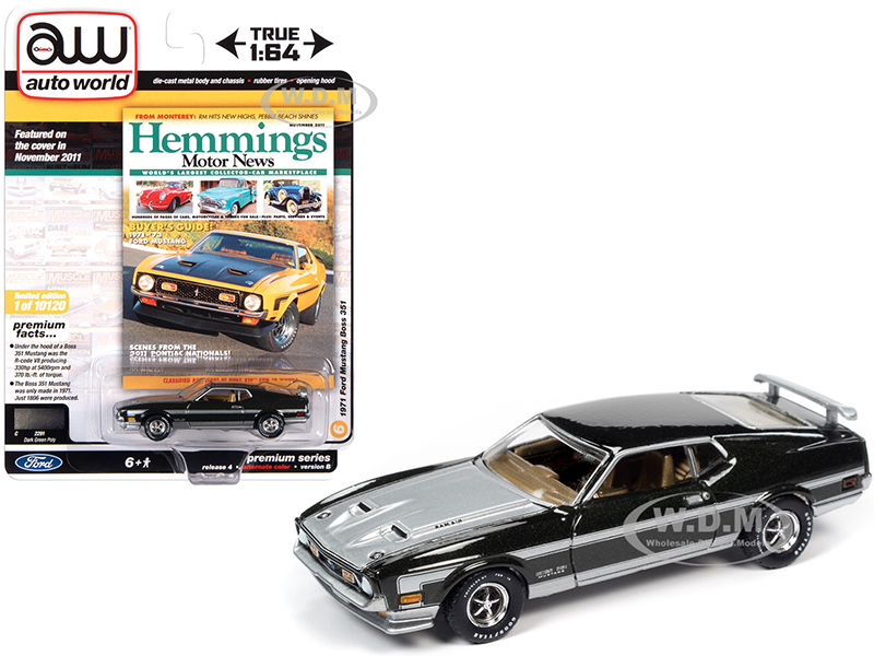 Image of 1971 Ford Mustang Boss 351 Dark Green Metallic with Silver Stripes and Hood "Hemmings Motor News" Magazine Cover Car (November 2011) Limited Edition
