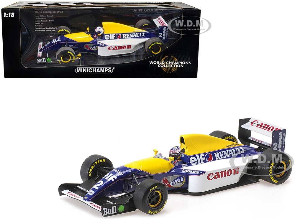 Williams Renault FW15C 2 Alain Prost "Canon" Winner F1 Formula One World Championship (1993) with Driver Limited Edition 1/18 Diecast Model Car by Mi