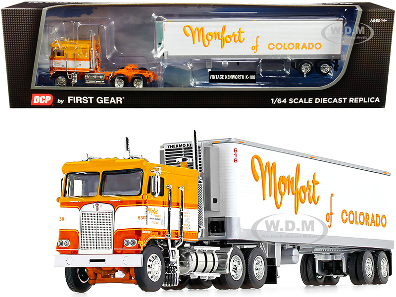 Image of Kenworth K100 COE Flattop Cab with 40 Vintage Reefer Refrigerated Trailer "Monfort of Colorado" Orange and White 33rd in a "Fallen Flag Series" 1/64