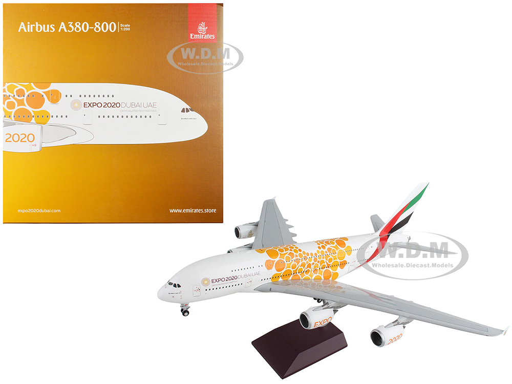 Airbus A380-800 Commercial Aircraft "Emirates Airlines - Dubai Expo 2020" White with Orange Graphics "Gemini 200" Series 1/200 Diecast Model Airplane