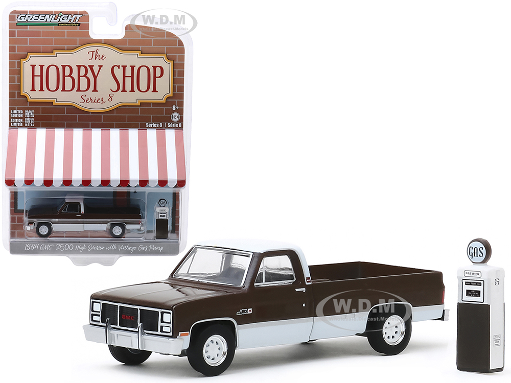 1984 Gmc 2500 High Sierra Pickup Truck Brown Metallic And White And Vintage Gas Pump "the Hobby Shop" Series 8 1/64 Diecast Model Car By Greenlight