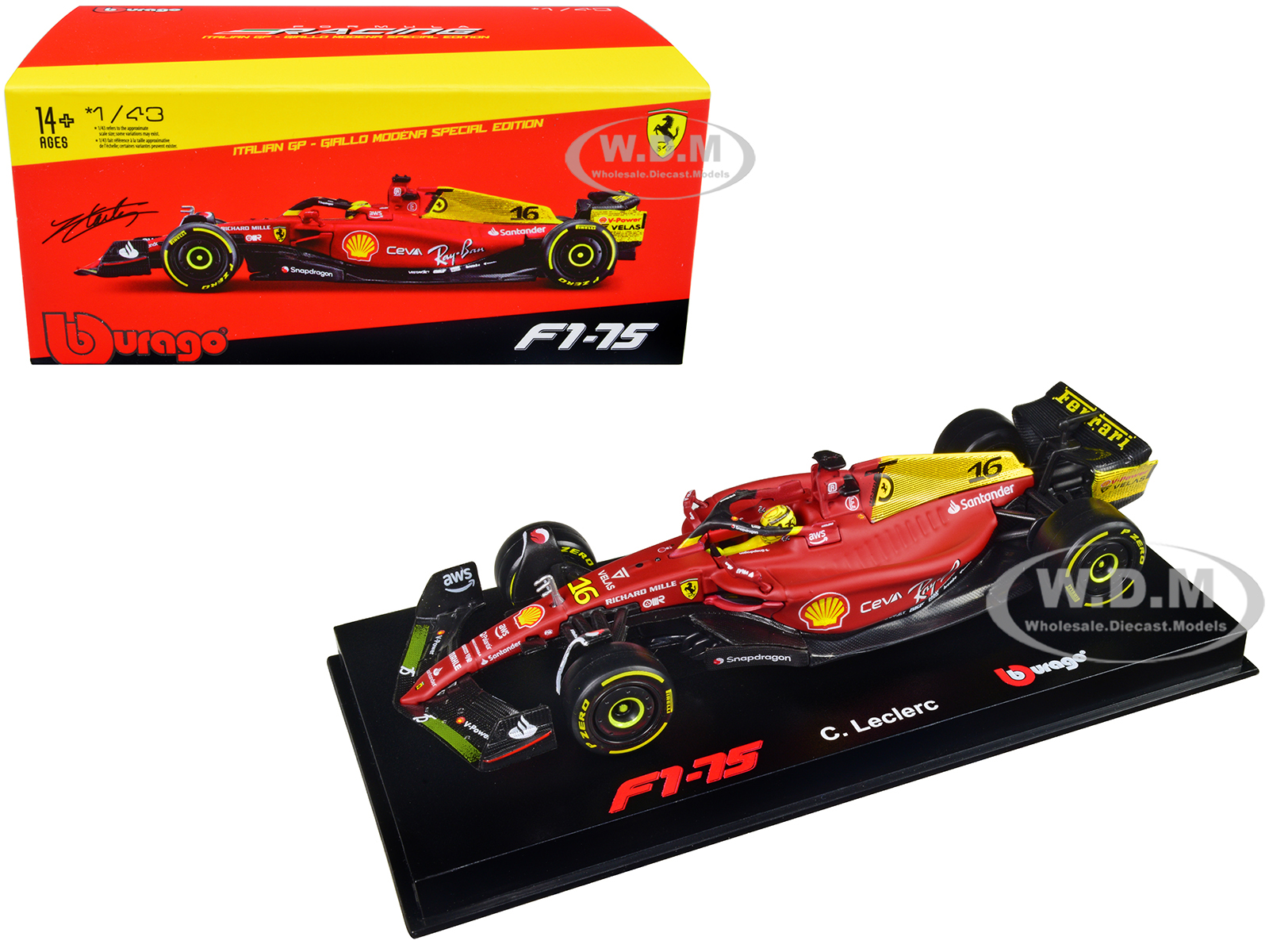 Ferrari F1-75 16 Charles Leclerc "Giallo Modena" 2nd Place Formula One F1 Italian GP (2022) "Formula Racing" Series with Display Case 1/43 Diecast Mo
