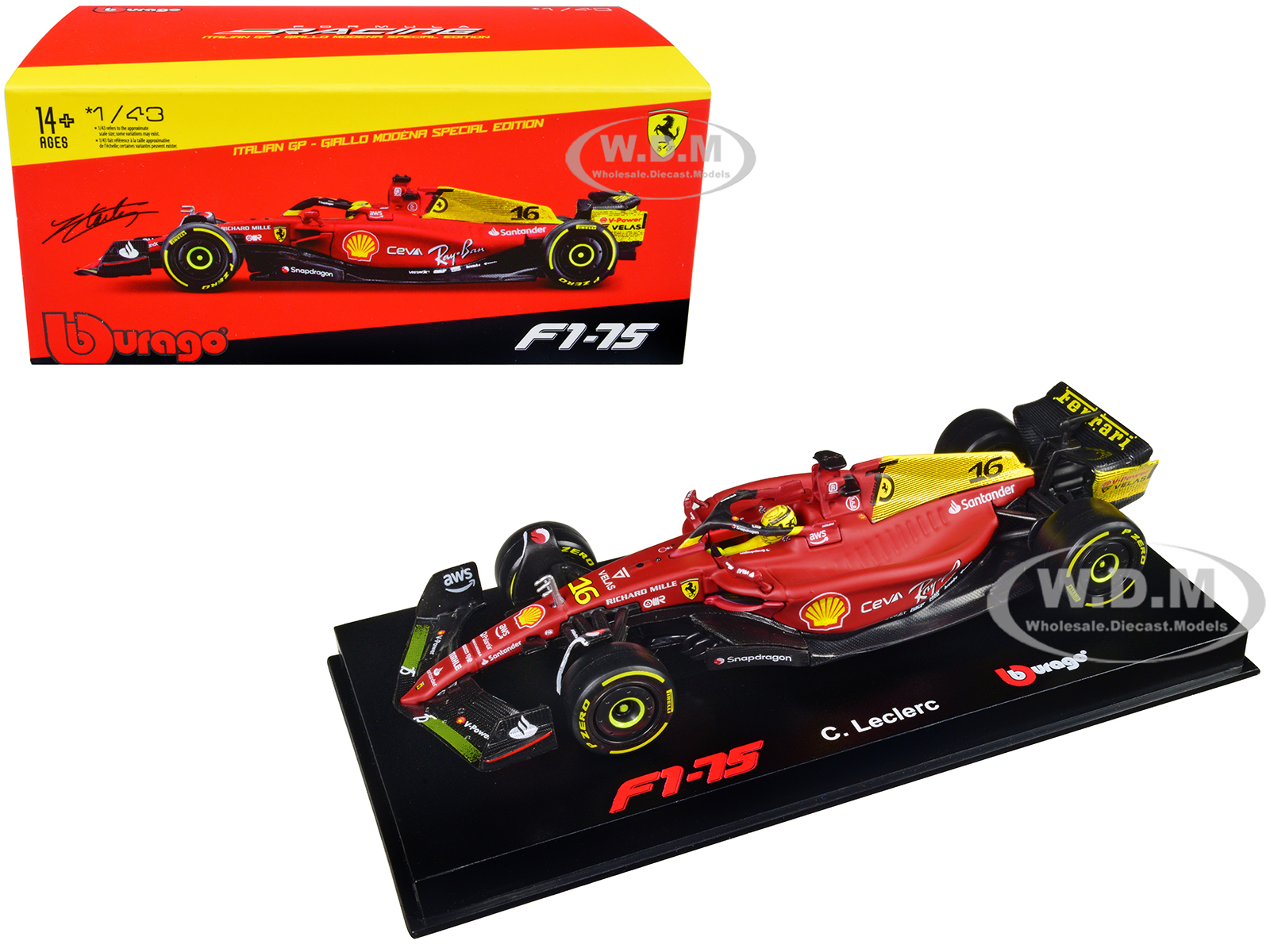 Ferrari F1-75 #16 Charles Leclerc Giallo Modena 2nd Place Formula One F1 Italian GP (2022) Formula Racing Series with Display Case 1/43 Diecast Model Car by Bburago