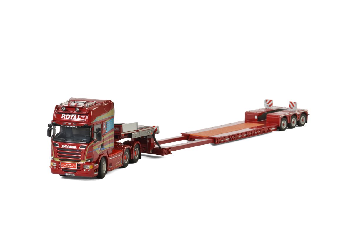 Image of Scania Streamline Topline 6x4 Low Loader "Royal Transport" with 3 Axle Trailer Red 1/50 Diecast Model by WSI Models