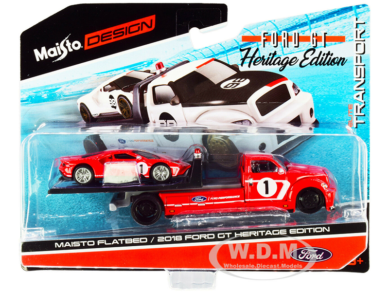 2018 Ford GT 1 Heritage Edition With Flatbed Truck Red With White Stripes Elite Transport Series 1/64 Diecast Model Cars By Maisto