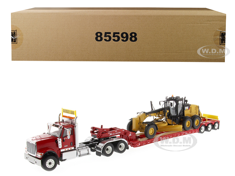 International Hx520 Tandem Tractor Red With Xl 120 Lowboy Trailer And Cat Caterpillar 12m3 Motor Grader Set Of 2 Pieces 1/50 Diecast Models By Diecas