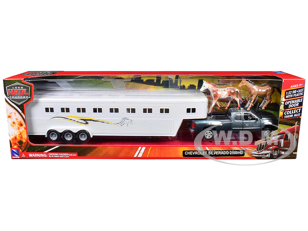 Chevrolet Silverado 2500HD Pickup Truck Gray Metallic with Horse Trailer White and Horse Figures "Long Haul Truckers" Series 1/32 Diecast Model by Ne