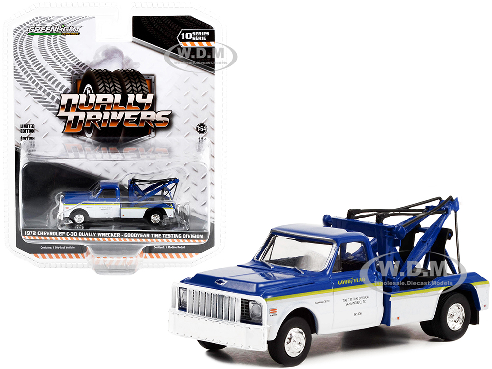 1972 Chevrolet C-30 Dually Wrecker Truck White and Blue with Yellow Stripes Goodyear Tire Testing Division Dually Drivers Series 10 1/64 Diecast Model Car by Greenlight