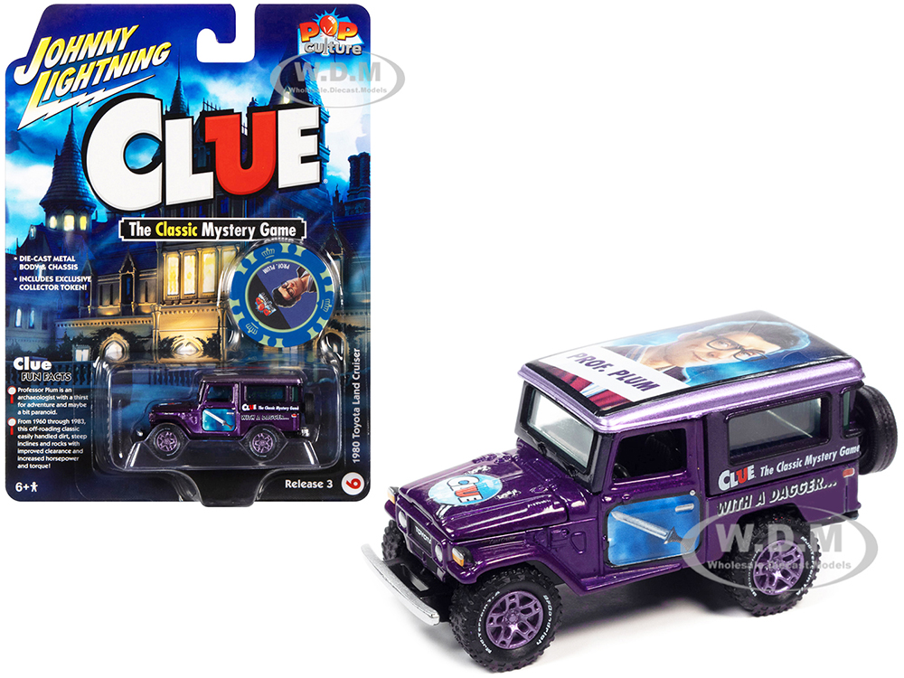 1980 Toyota Land Cruiser Purple Metallic Modern Clue Professor Plum with Poker Chip Collectors Token Pop Culture 2022 Release 3 1/64 Diecast Model Car by Johnny Lightning