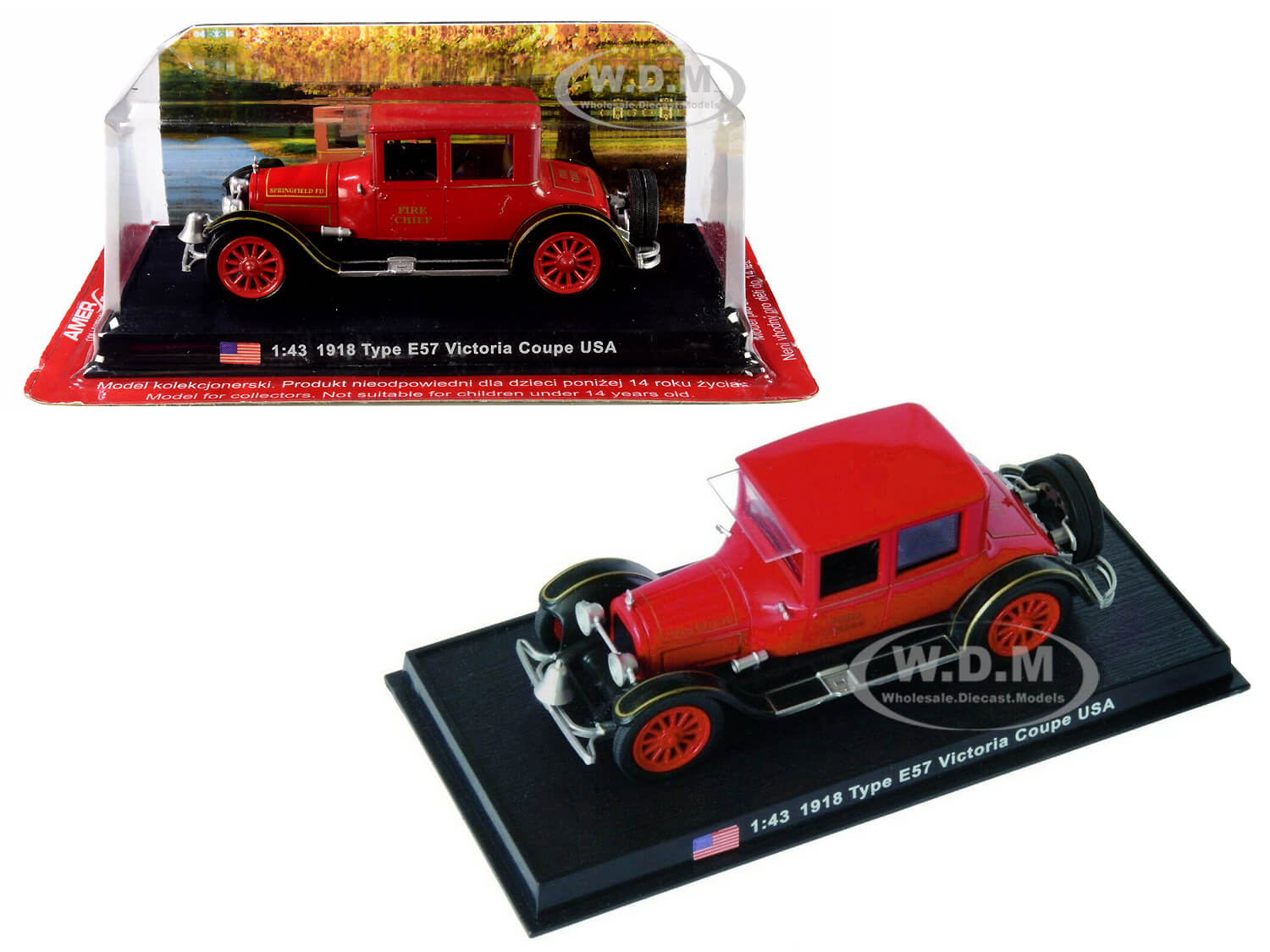 Image of 1918 Cadillac Type E57 Victoria Coupe "Fire Chief" 1/43 Diecast Model Car by Amercom