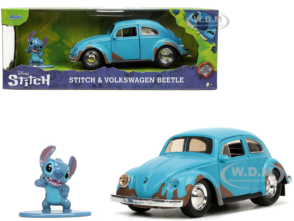 Volkswagen Beetle Matt Blue (Weathered) and Stitch Diecast Figure Lilo and Stitch (2002) Movie Hollywood Rides Series 1/32 Diecast Model Car by Jada
