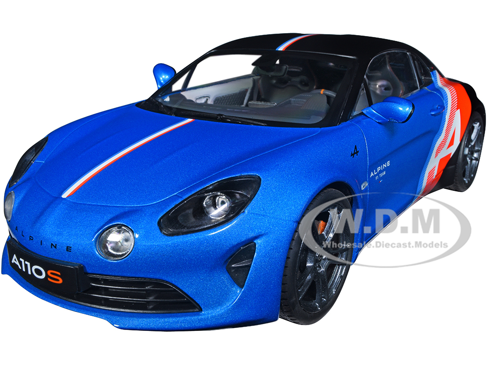 2021 Alpine A110S F1 Team Blue Metallic and Matt Black with Stripes and Graphics Trackside Edition Competition Series 1/18 Diecast Model Car by Solido