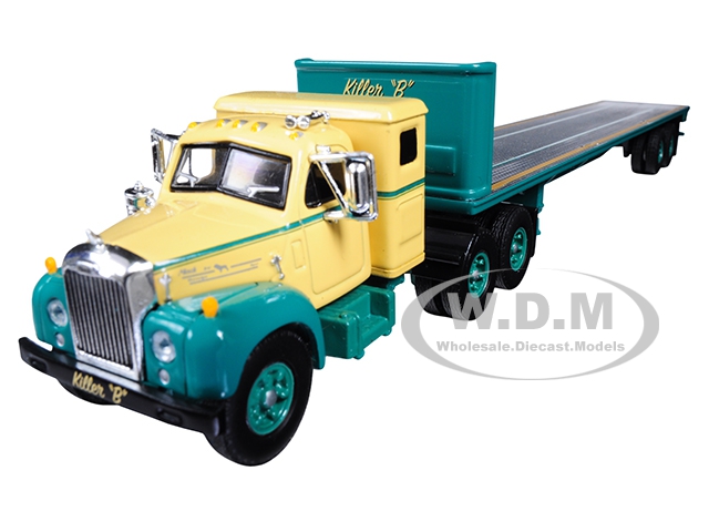 Image of Mack B-61 Sleeper Cab with 48 Flatbed Trailer "Killer "B" Green and Beige 1/64 Diecast Model by First Gear