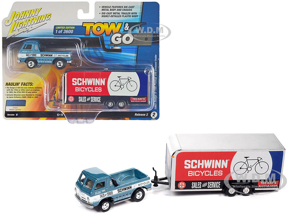 1965 Dodge A-100 Pickup Truck Blue Metallic and White with Enclosed Car Trailer "Schwinn Bicycles" "Tow &amp; Go" Series Limited Edition to 3600 piec
