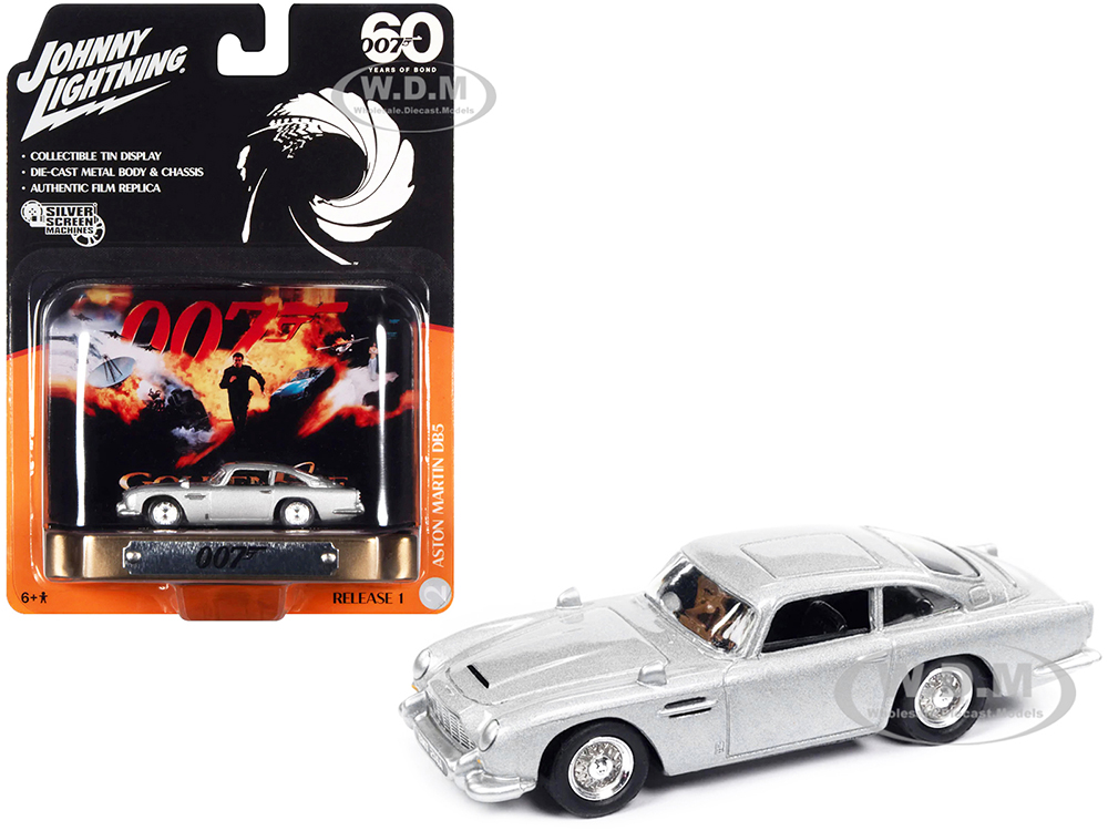 Aston Martin DB5 RHD (Right Hand Drive) Silver Metallic 007 (James Bond) "GoldenEye" (1995) Movie with Collectible Tin Display "Silver Screen Machine