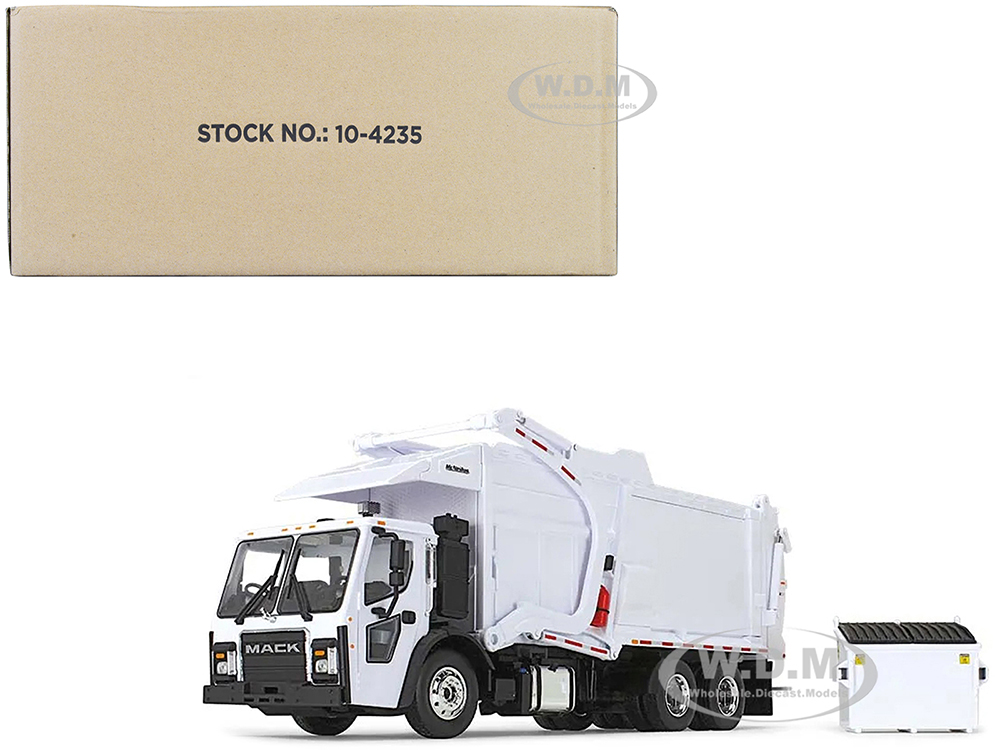 Mack LR Refuse Garbage Truck with McNeilus Meridian Front Loader Plain White with Trash Bin 1/34 Diecast Model by First Gear