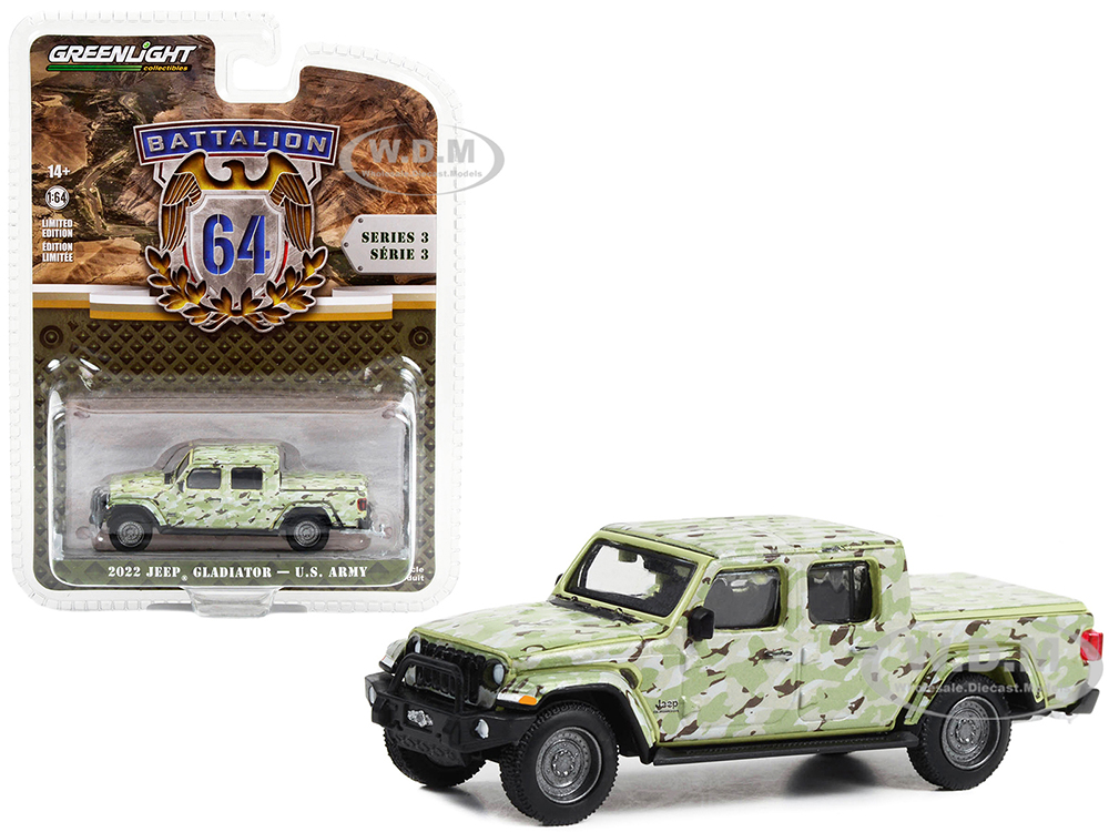 2022 Jeep Gladiator Pickup Truck U.S. Army Military-Spec Camouflage Battalion 64 Series 3 1/64 Diecast Model Car by Greenlight