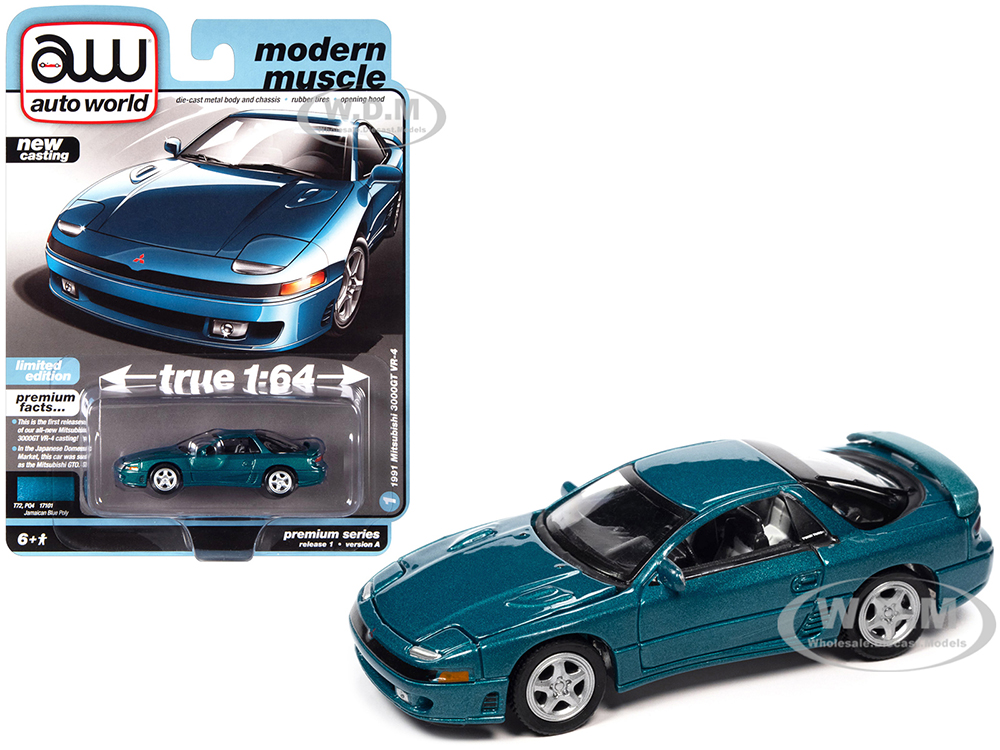 1991 Mitsubishi 3000GT VR-4 Jamaican Blue Metallic Modern Muscle Limited Edition 1/64 Diecast Model Car by Auto World