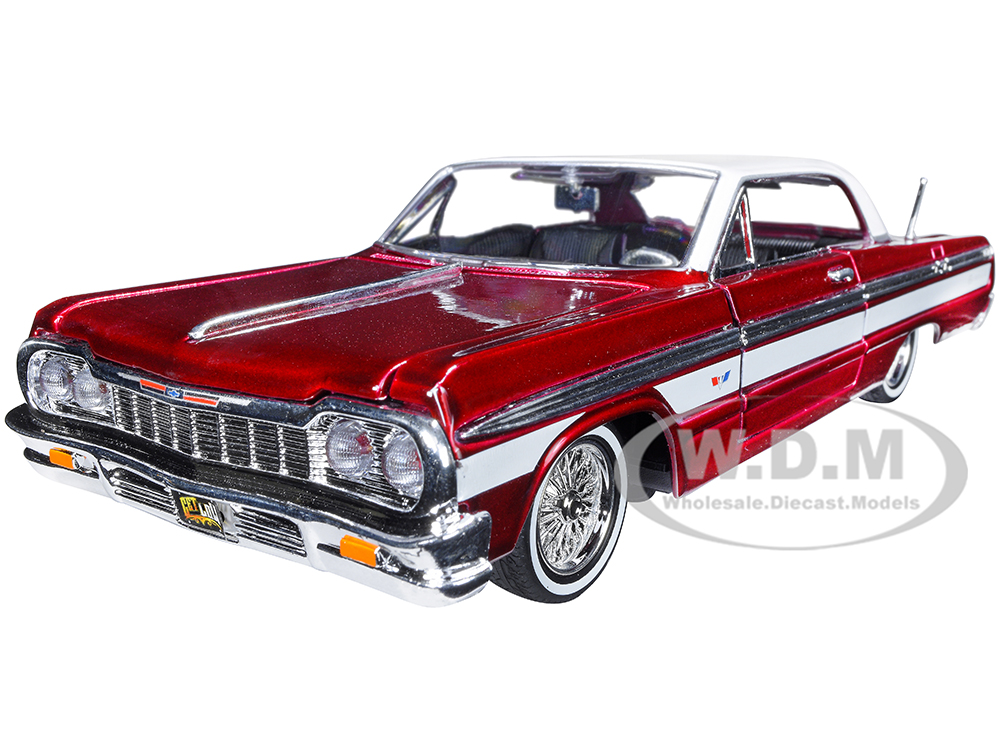 1964 Chevrolet Impala Lowrider Hard Top Candy Red Metallic with White Top "Get Low" Series 1/24 Diecast Model Car by Motormax