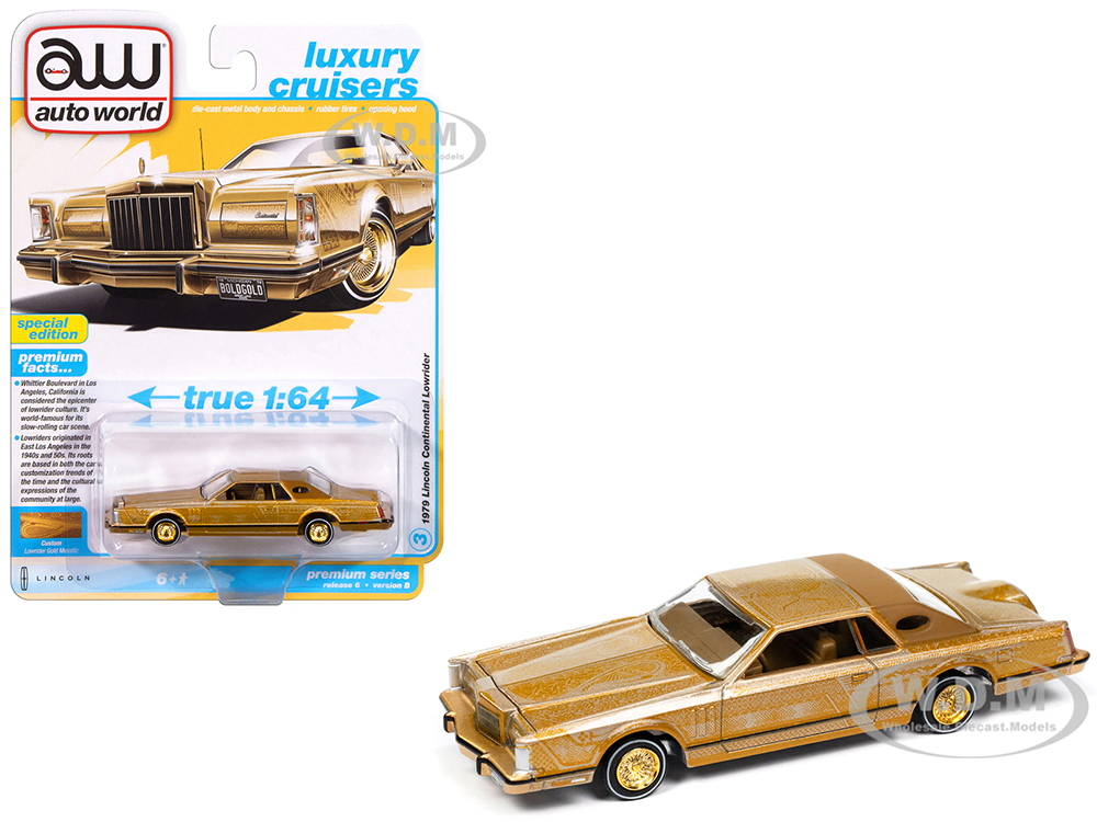 1979 Lincoln Continental Lowrider Gold Metallic with Lowrider Graphics Luxury Cruisers Series 1/64 Diecast Model Car by Auto World