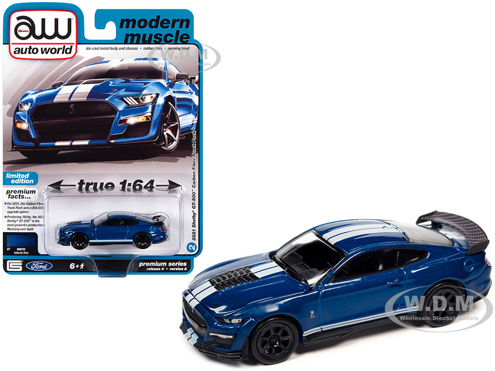 2021 Shelby GT500 Carbon Fiber Track Pack Velocity Blue with White Stripes Modern Muscle Limited Edition 1/64 Diecast Model Car by Auto World