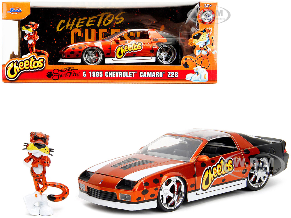 1985 Chevrolet Camaro Z/28 Orange Metallic with Graphics and Chester Cheetah Diecast Figure "Cheetos" "Hollywood Rides" Series 1/24 Diecast Model Car