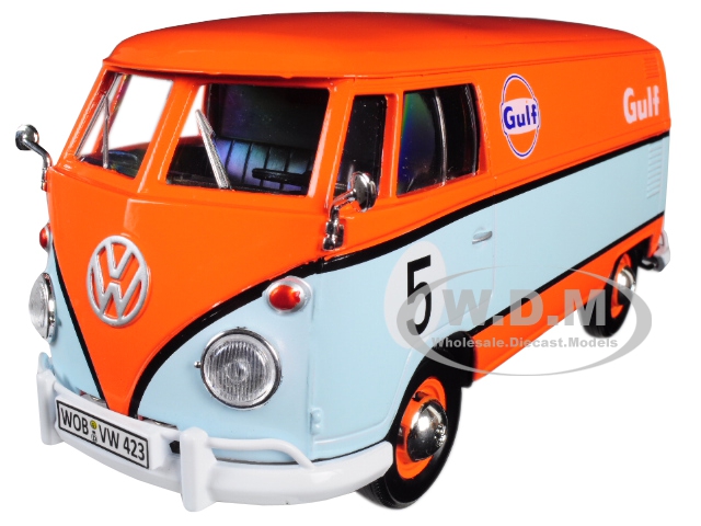 Volkswagen Type 2 (T1) Delivery Van #5 Gulf Orange and Light Blue 1/24 Diecast Model Car by Motormax