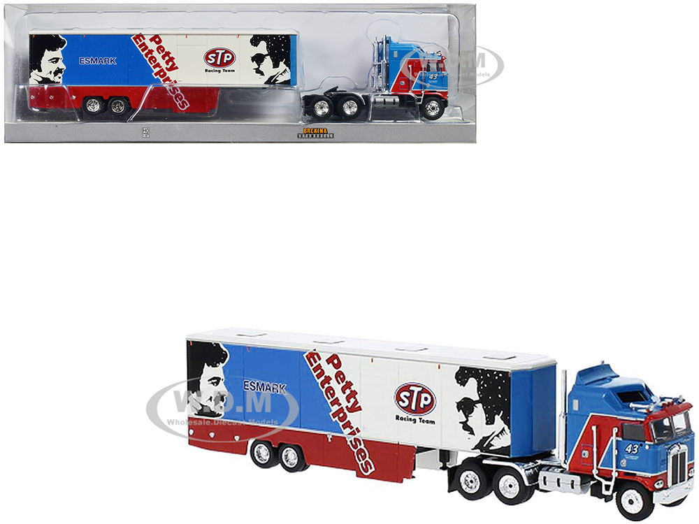 1980 Kenworth K-100 COE Aerodyne Transporter Blue and Red STP Racing Team - Petty Enterprises 1/87 (HO) Scale Model Car by Brekina
