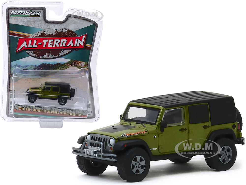 2010 Jeep Wrangler Unlimited Mountain Edition Rescue Green Metallic With Black Top "all Terrain" Series 9 1/64 Diecast Model Car By Greenlight