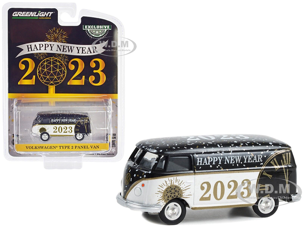 Volkswagen Type 2 Panel Van Happy New Year 2023 Black and White Hobby Exclusive Series 1/64 Diecast Model by Greenlight