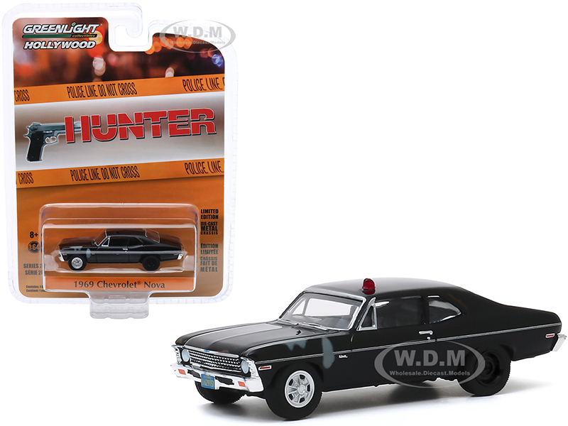 Image of 1969 Chevrolet Nova Police Black (Unrestored) "Hunter" (1984-1991) TV Series "Hollywood Series" Release 28 1/64 Diecast Model Car by Greenlight