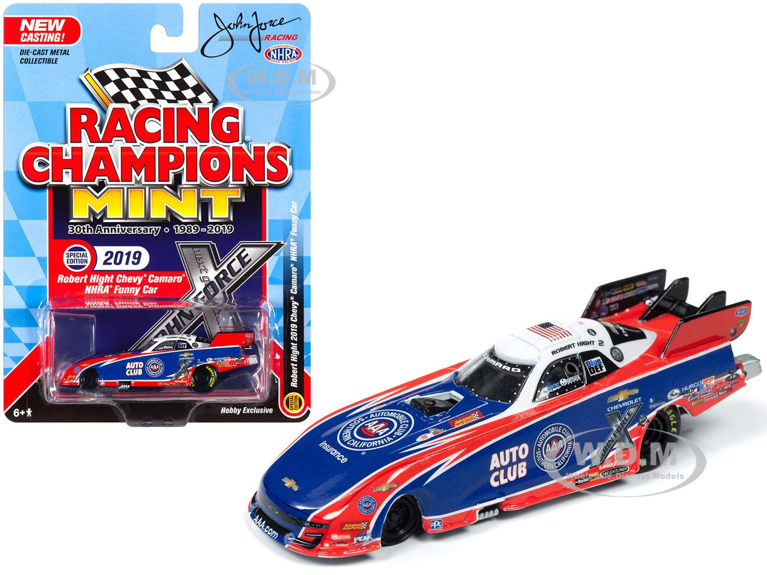 Image of 2019 Chevrolet Camaro NHRA Funny Car "AAA" Robert Hight "John Force Racing" "Racing Champions 30th Anniversary" (1989-2019) 1/64 Diecast Model Car by