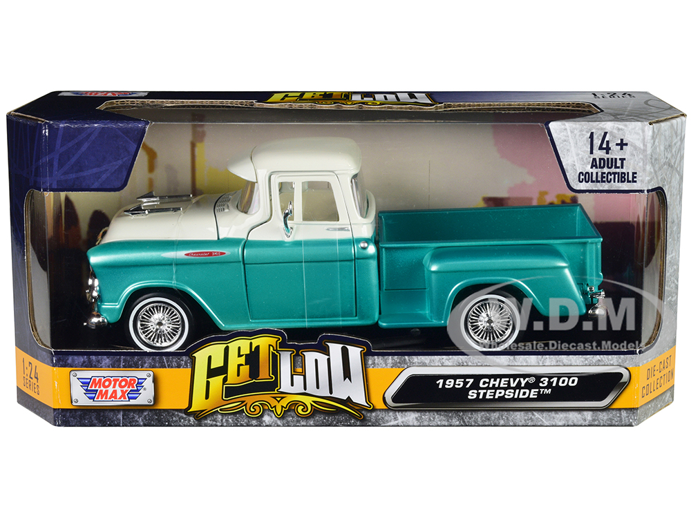 1957 Chevrolet 3100 Stepside Pickup Truck Lowrider Turquoise Metallic and White with White Interior "Get Low" Series 1/24 Diecast Model Car by Motorm