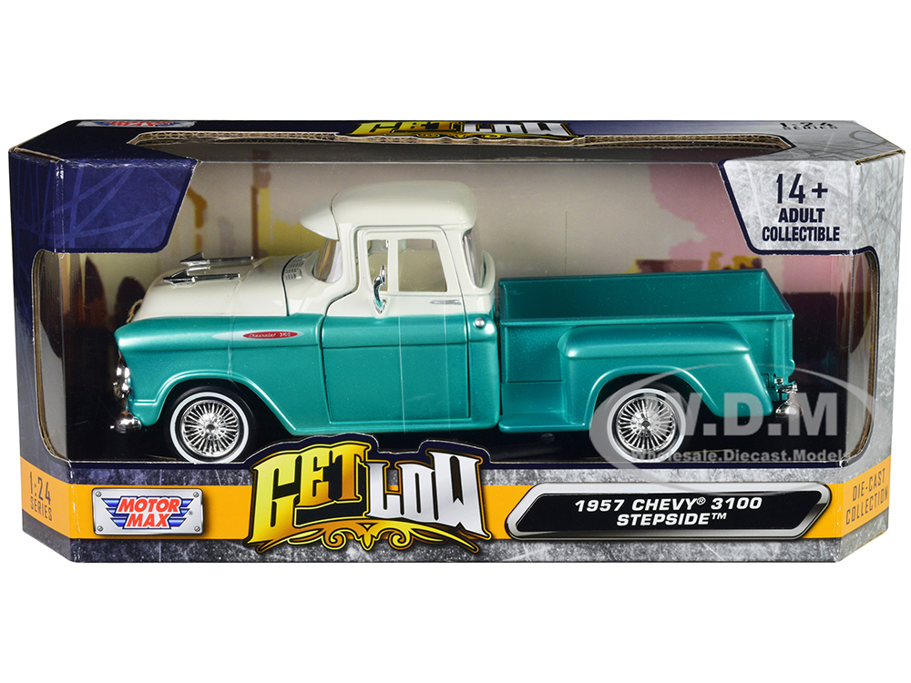 1957 Chevrolet 3100 Stepside Pickup Truck Lowrider Turquoise Metallic and White with White Interior 