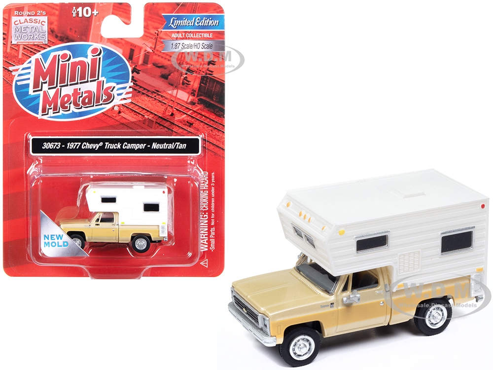 1977 Chevrolet Fleetside Pickup Truck with Camper Beige Metallic and Tan Mini Metals Series 1/87 (HO) Scale Model Car by Classic Metal Works