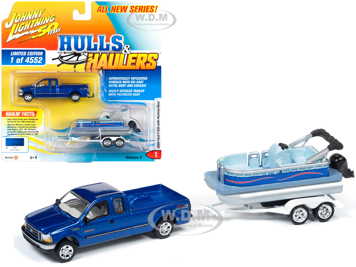 2004 Ford F-250 Pickup Truck Sonic Blue Metallic With Pontoon Boat Limited Edition To 4552 Pieces Worldwide "hulls & Haulers" Series 2 "johnny Li