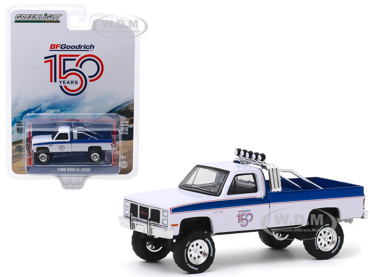 1985 Gmc K-2500 Pickup Truck White With Blue Stripes "bfgoodrich 150th Anniversary" "anniversary Collection" Series 10 1/64 Diecast Model Car By Gree