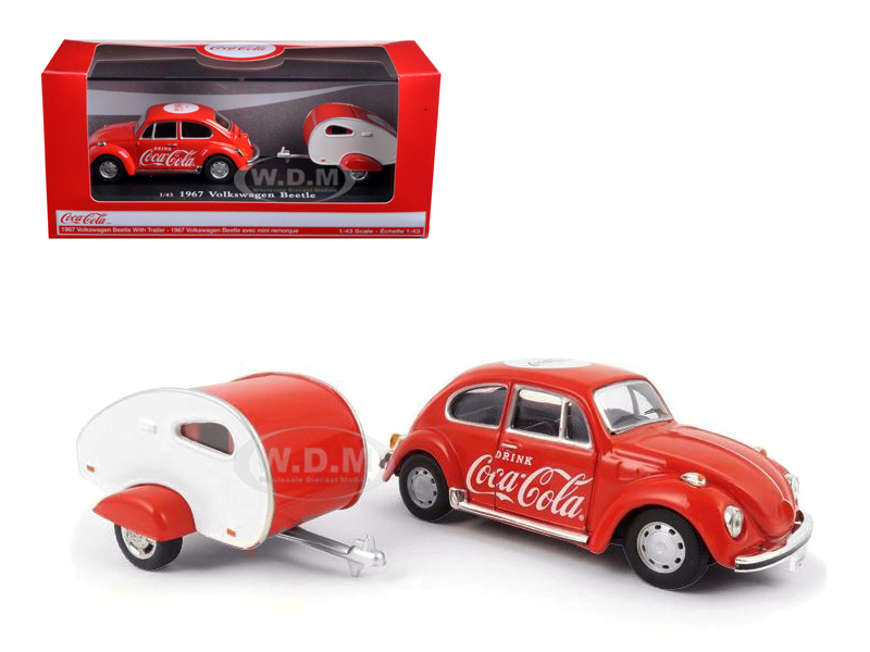 1967 Volkswagen Beetle Red with Teardrop Travel Trailer Red and White Coca-Cola 1/43 Diecast Model Car by Motor City Classics